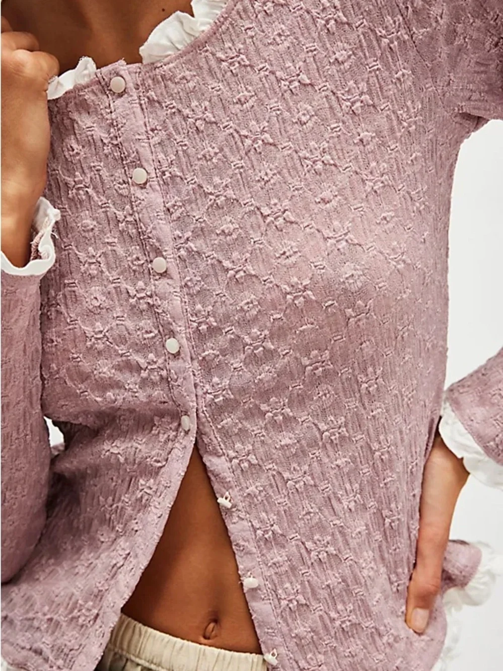 Free People Blackbird Cardi Textured Ruffle-Trim Button Top